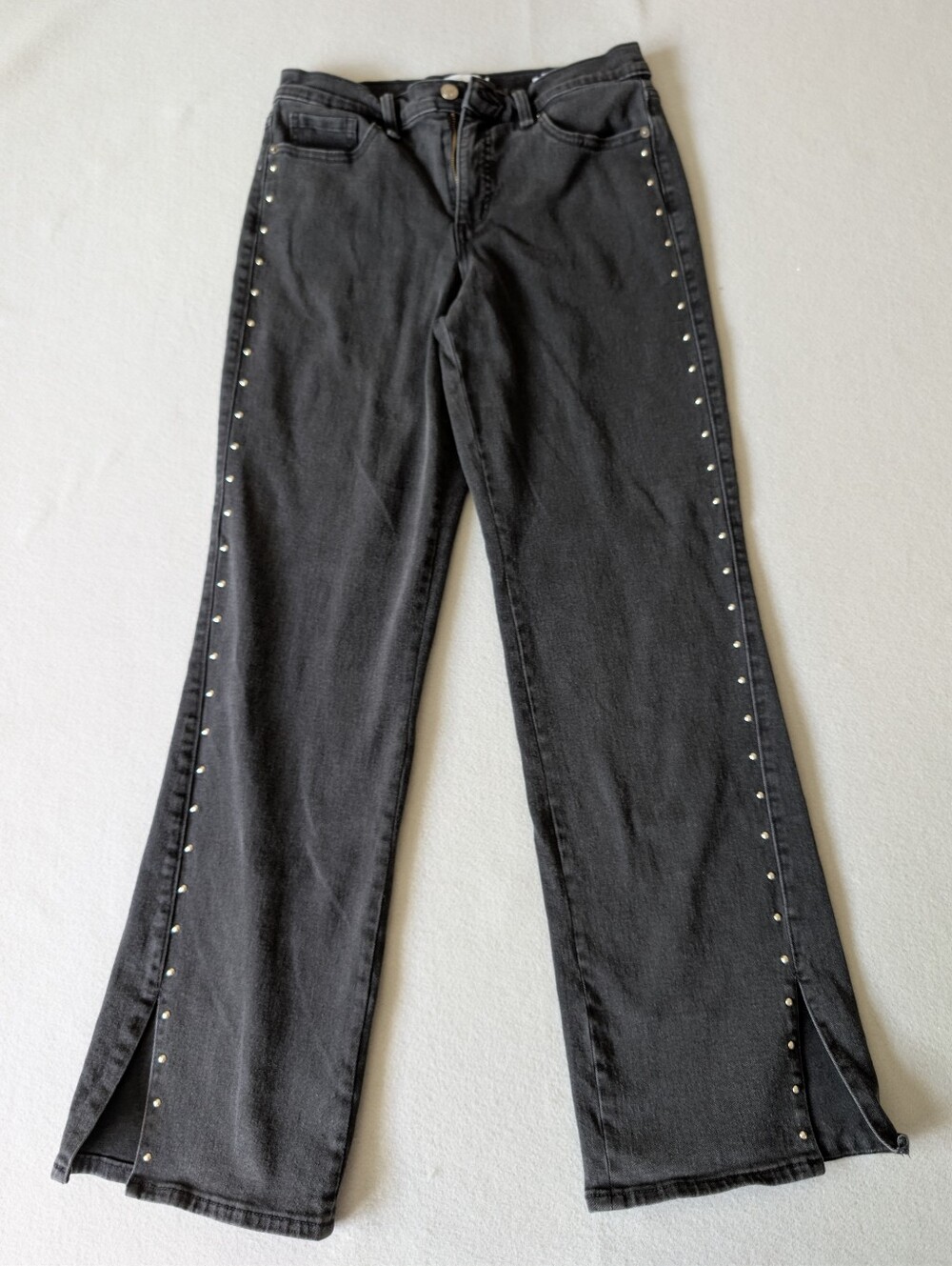 Women's Studded Split Hem Relaxed Straight Black Denim High Rise Jeans Sz 4